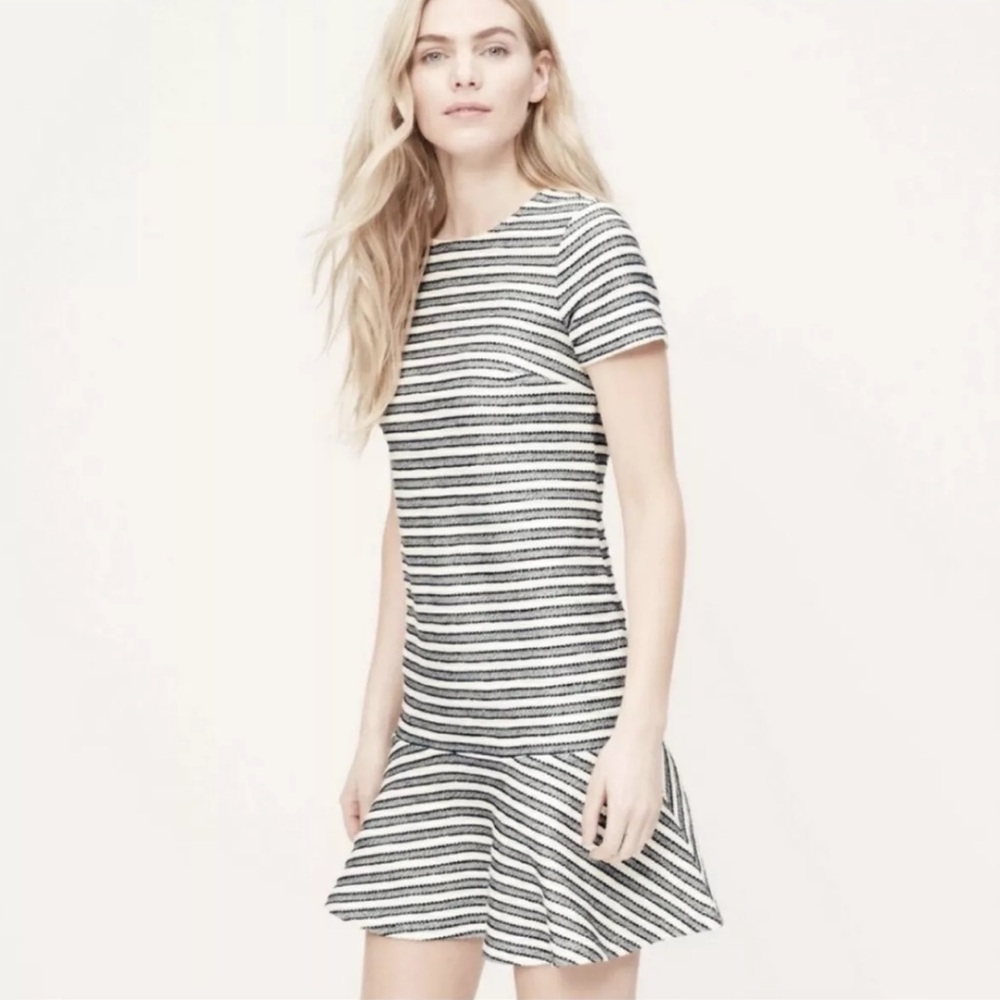 LOFT Navy & Cream Stripe Textured Drop Waist Tennis Dress Short Sleeve 4P